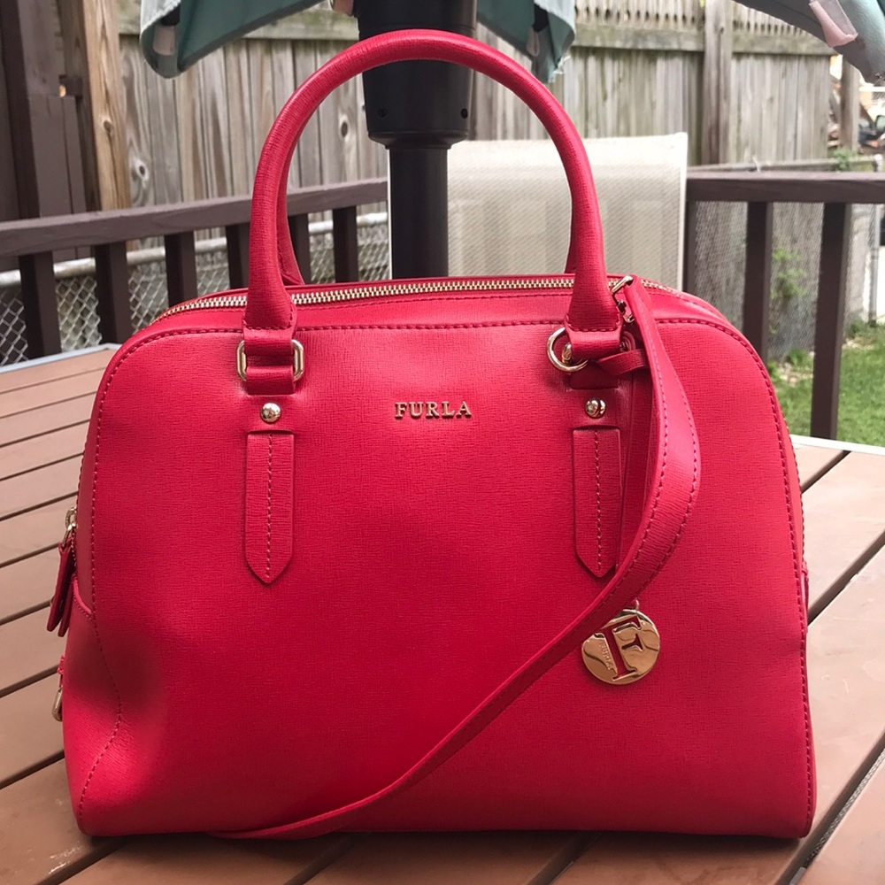 FURLA Elena Saffiano Satchel Leather Bag Hot Pink